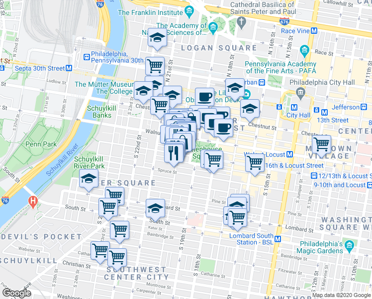 map of restaurants, bars, coffee shops, grocery stores, and more near in Philadelphia
