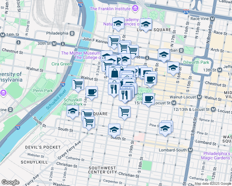 map of restaurants, bars, coffee shops, grocery stores, and more near 259 South 21st Street in Philadelphia