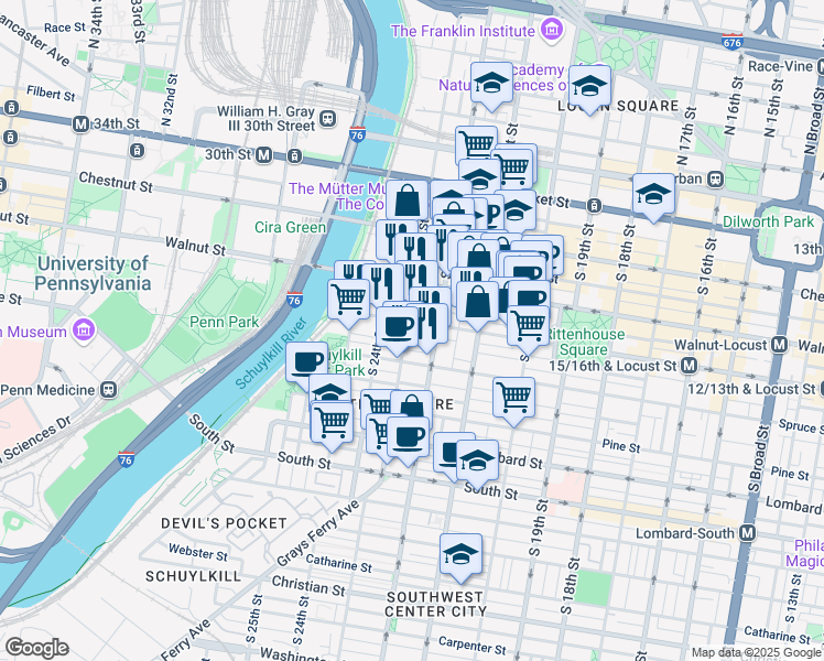 map of restaurants, bars, coffee shops, grocery stores, and more near in Philadelphia