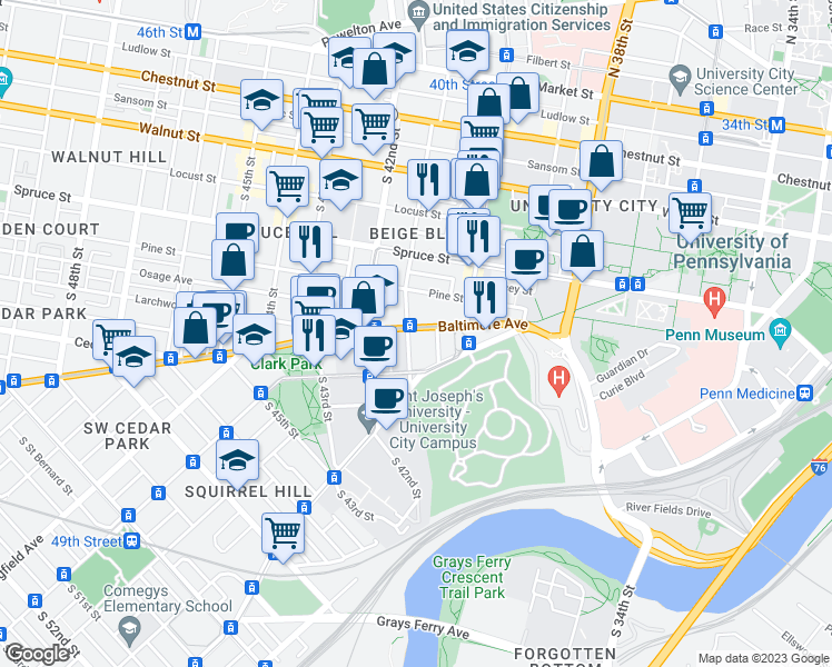 map of restaurants, bars, coffee shops, grocery stores, and more near in Philadelphia