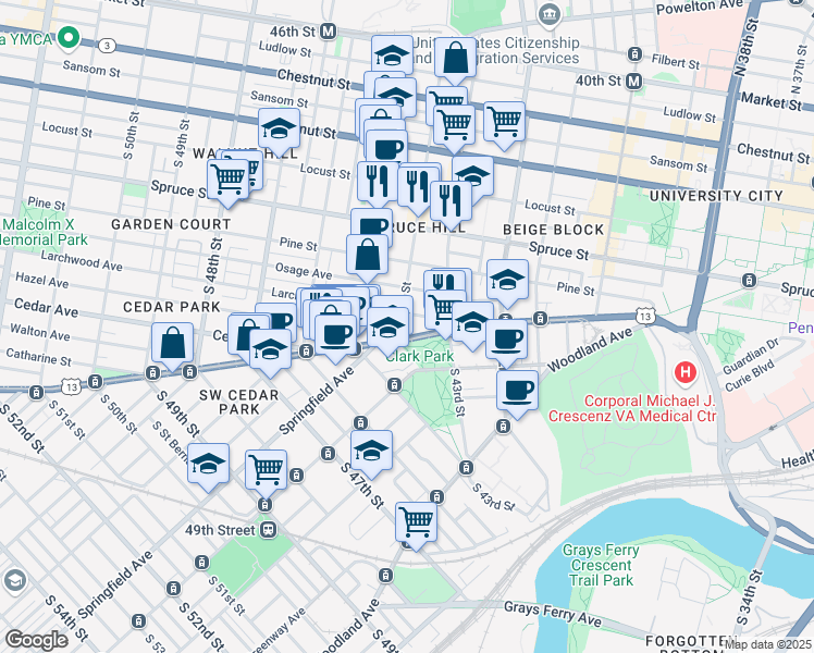 map of restaurants, bars, coffee shops, grocery stores, and more near 516 South 44th Street in Philadelphia