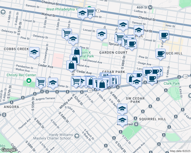 map of restaurants, bars, coffee shops, grocery stores, and more near 5011 Walton Avenue in Philadelphia