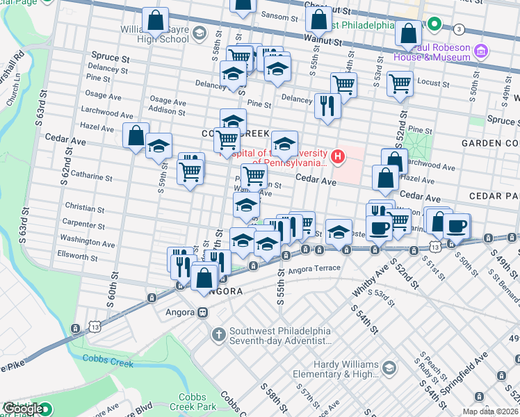 map of restaurants, bars, coffee shops, grocery stores, and more near 720 South 56th Street in Philadelphia