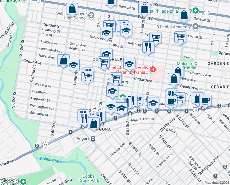 map of restaurants, bars, coffee shops, grocery stores, and more near 720 South 56th Street in Philadelphia