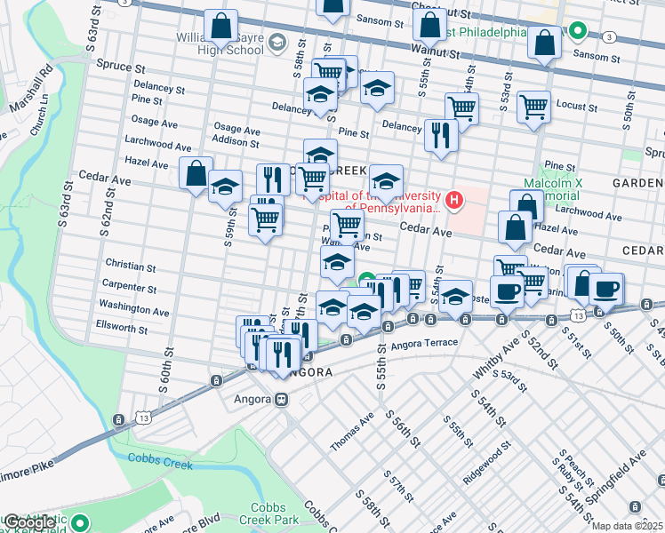 map of restaurants, bars, coffee shops, grocery stores, and more near 720 South 56th Street in Philadelphia