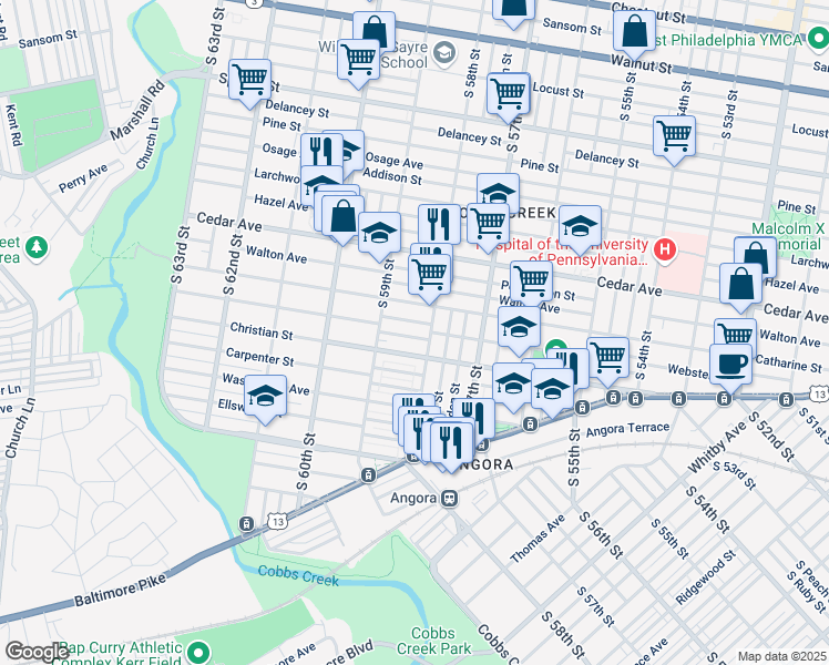 map of restaurants, bars, coffee shops, grocery stores, and more near 5820 Norfolk Street in Philadelphia