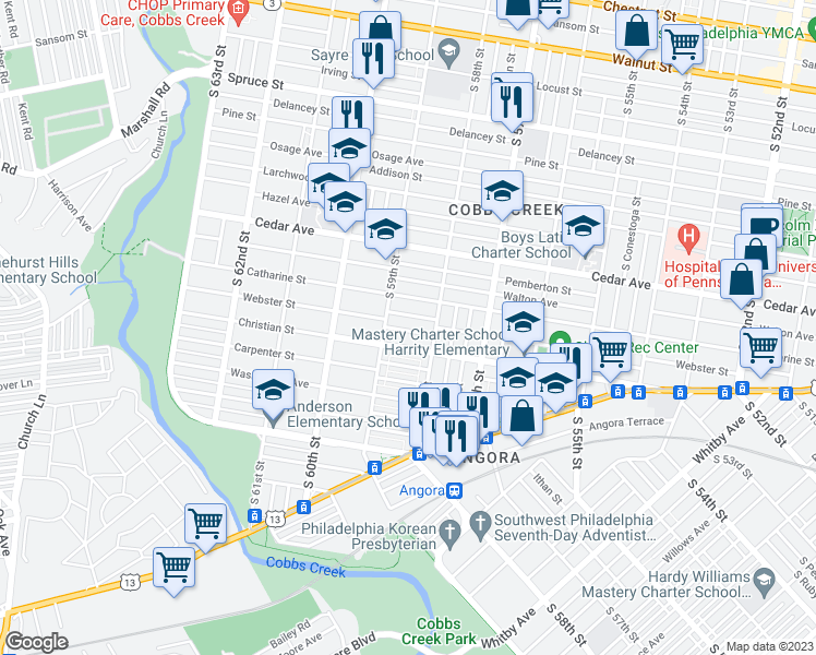 map of restaurants, bars, coffee shops, grocery stores, and more near 5820 Norfolk Street in Philadelphia