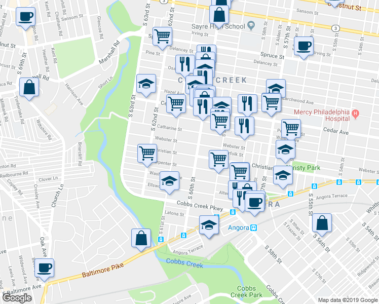 map of restaurants, bars, coffee shops, grocery stores, and more near 6028 Christian Street in Philadelphia