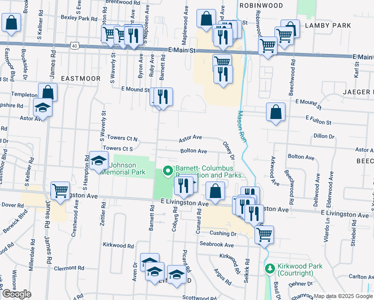 map of restaurants, bars, coffee shops, grocery stores, and more near 3503 Bolton Avenue in Columbus
