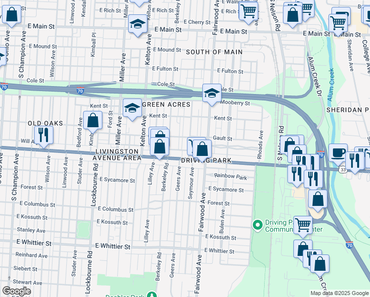 map of restaurants, bars, coffee shops, grocery stores, and more near 1566 Newton Street in Columbus