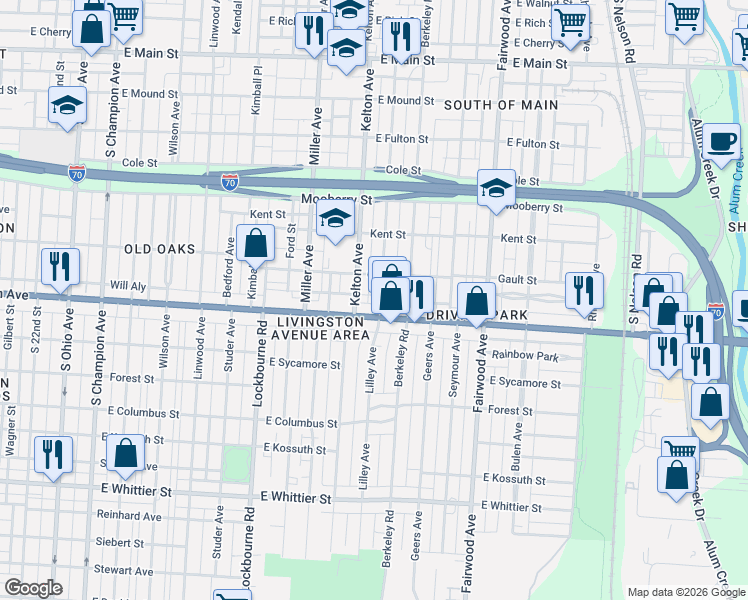map of restaurants, bars, coffee shops, grocery stores, and more near 1444 East Livingston Avenue in Columbus