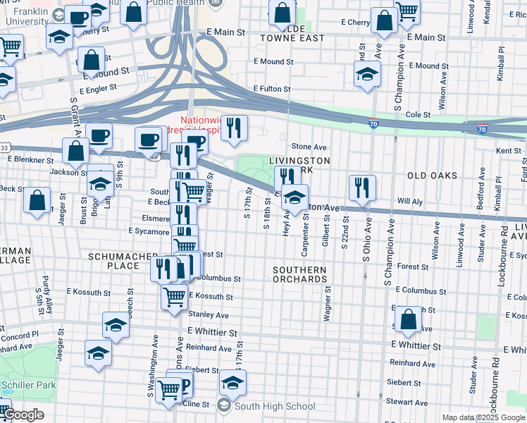map of restaurants, bars, coffee shops, grocery stores, and more near 720 South 17th Street in Columbus