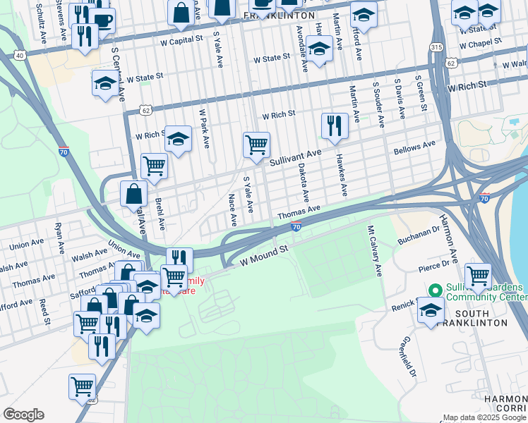 map of restaurants, bars, coffee shops, grocery stores, and more near 446 South Yale Avenue in Columbus
