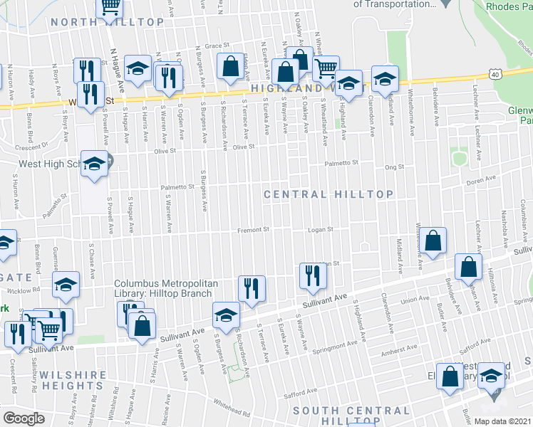 map of restaurants, bars, coffee shops, grocery stores, and more near 277 South Eureka Avenue in Columbus