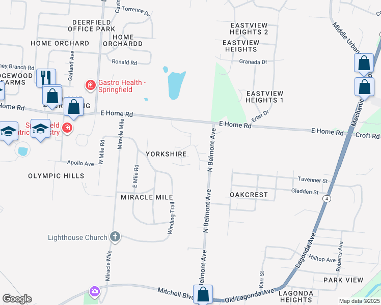 map of restaurants, bars, coffee shops, grocery stores, and more near 1948 Wilkes Drive in Springfield