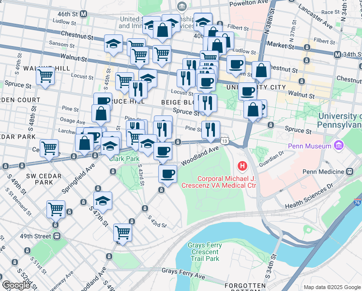 map of restaurants, bars, coffee shops, grocery stores, and more near 503 South 41st Street in Philadelphia