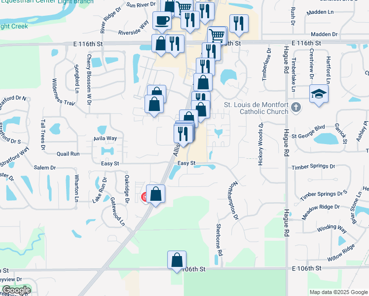 map of restaurants, bars, coffee shops, grocery stores, and more near 10989 Allisonville Road in Fishers