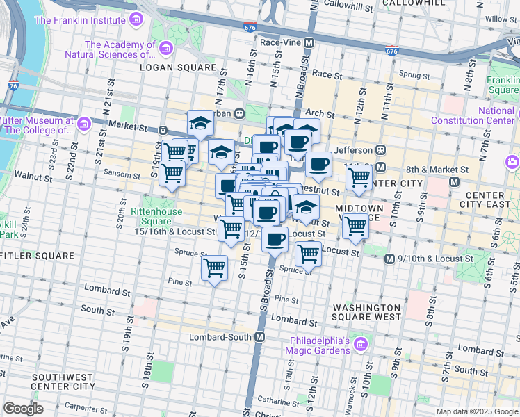 map of restaurants, bars, coffee shops, grocery stores, and more near 127 South 15th Street in Philadelphia