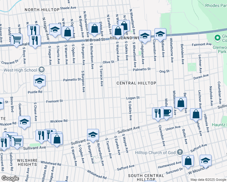 map of restaurants, bars, coffee shops, grocery stores, and more near 272 South Eureka Avenue in Columbus