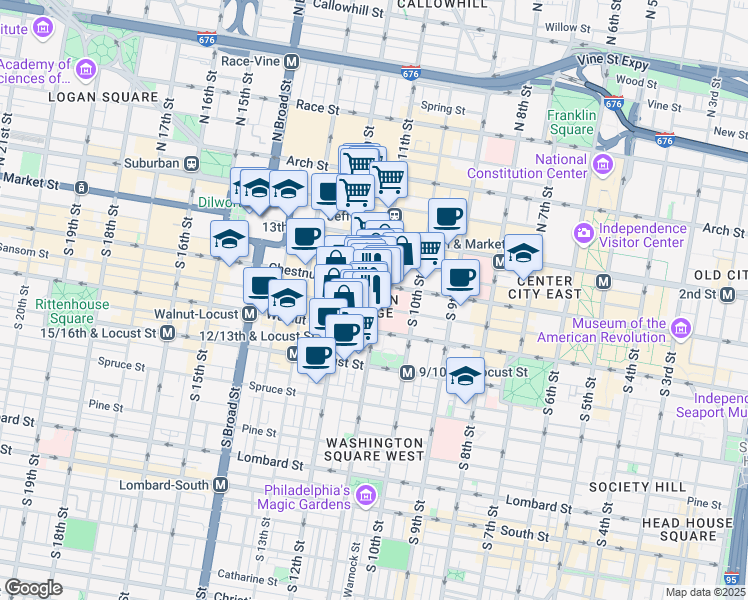 map of restaurants, bars, coffee shops, grocery stores, and more near 111 South 11th Street in Philadelphia