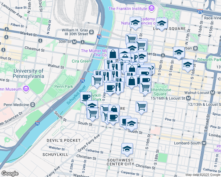 map of restaurants, bars, coffee shops, grocery stores, and more near 246 South 23rd Street in Philadelphia