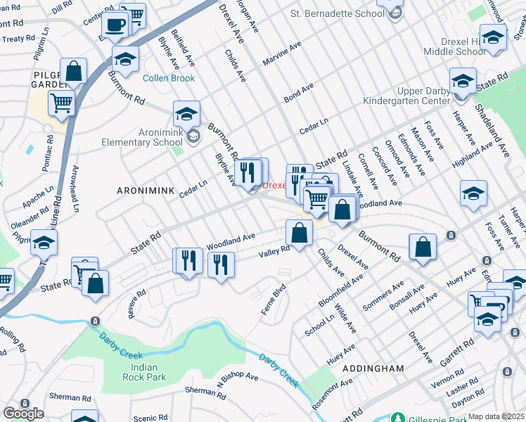 map of restaurants, bars, coffee shops, grocery stores, and more near 728 Belfield Avenue in Drexel Hill