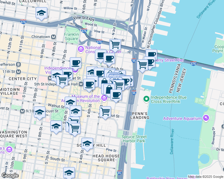 map of restaurants, bars, coffee shops, grocery stores, and more near 16 South 2nd Street in Philadelphia