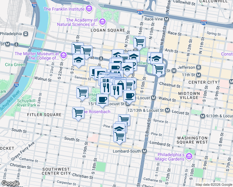 map of restaurants, bars, coffee shops, grocery stores, and more near 1705 Chancellor Street in Philadelphia