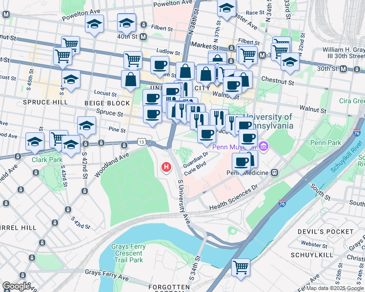 map of restaurants, bars, coffee shops, grocery stores, and more near 3710 Hamilton Walk in Philadelphia