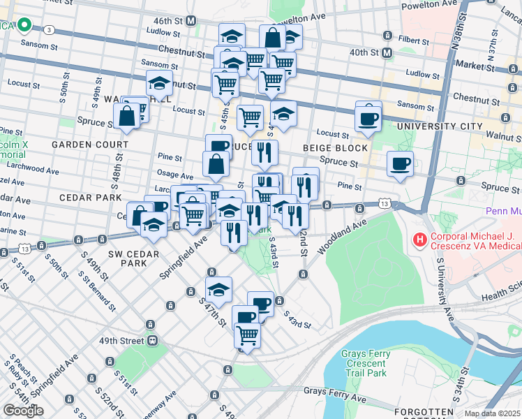 map of restaurants, bars, coffee shops, grocery stores, and more near 4309 Baltimore Avenue in Philadelphia