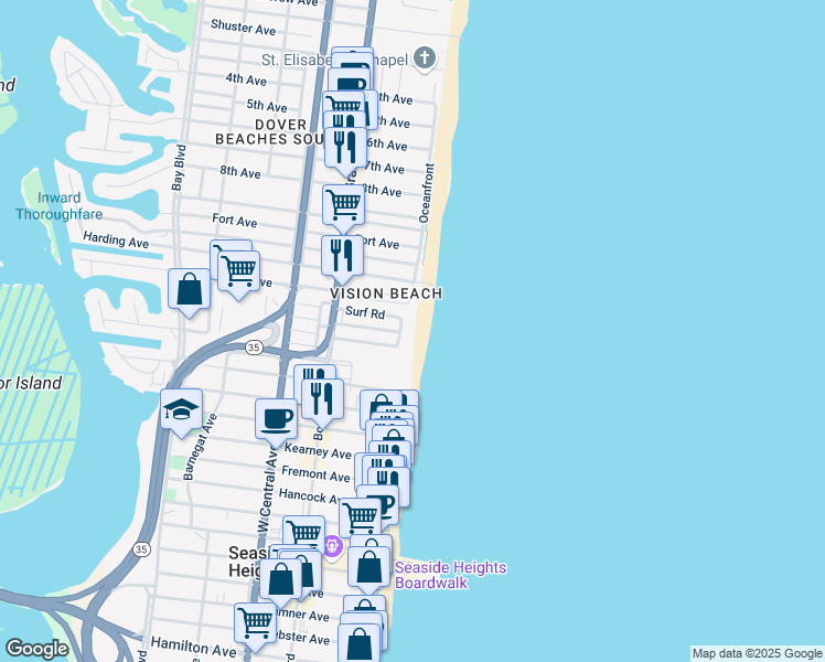 map of restaurants, bars, coffee shops, grocery stores, and more near 16 Dune Terrace in Seaside Heights