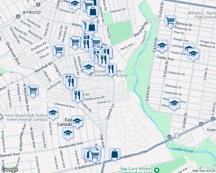 map of restaurants, bars, coffee shops, grocery stores, and more near 6908 Guilford Road in Delaware County