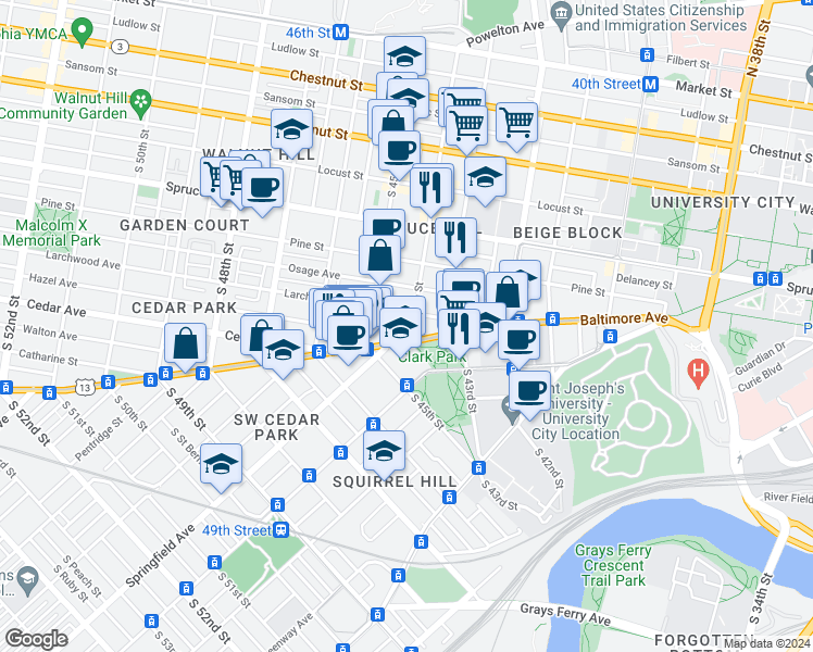 map of restaurants, bars, coffee shops, grocery stores, and more near 510 South 44th Street in Philadelphia