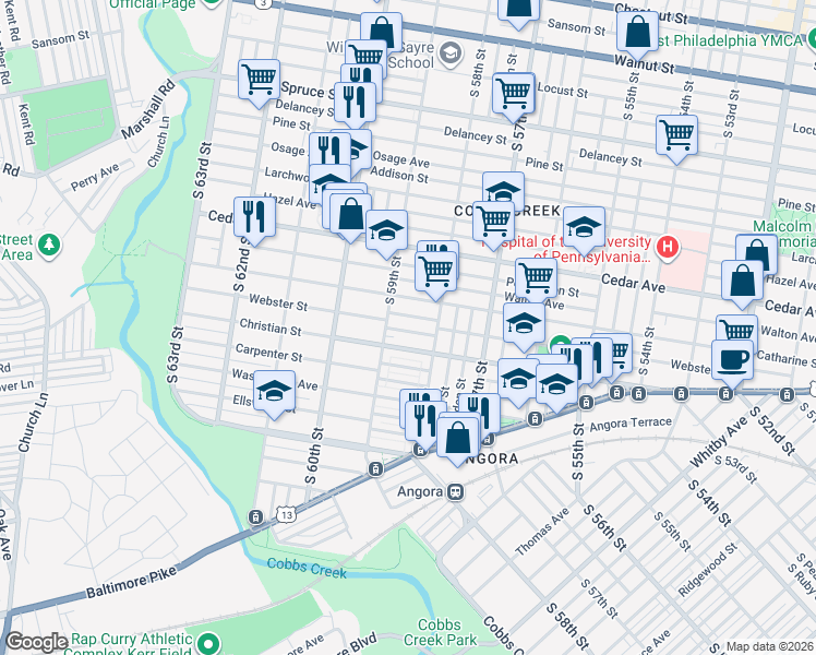 map of restaurants, bars, coffee shops, grocery stores, and more near 5820 Norfolk Street in Philadelphia