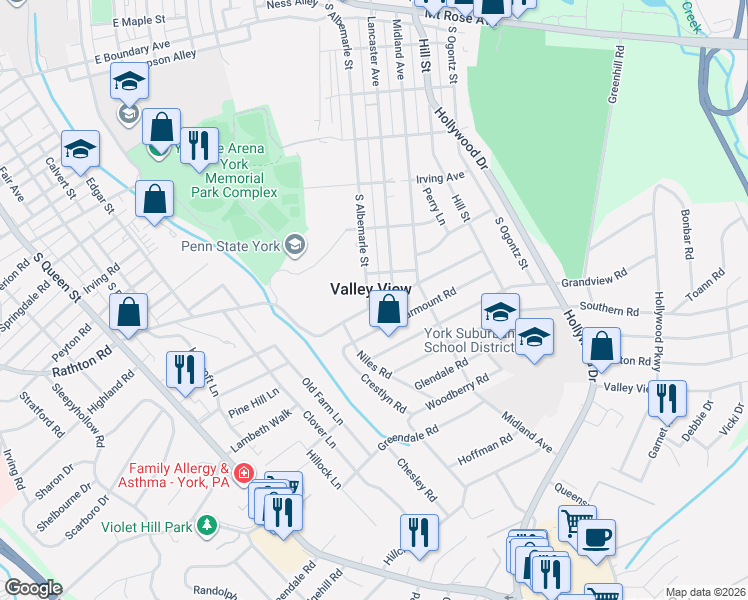 map of restaurants, bars, coffee shops, grocery stores, and more near in Valley View