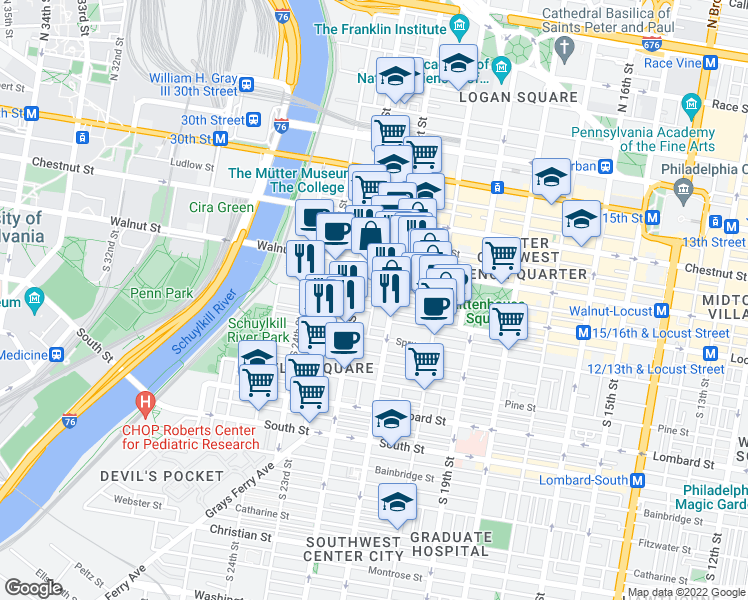 map of restaurants, bars, coffee shops, grocery stores, and more near Locust St & S Van Pelt St in Philadelphia