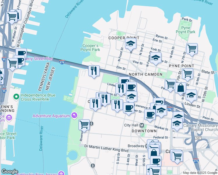map of restaurants, bars, coffee shops, grocery stores, and more near 323 North Front Street in Camden