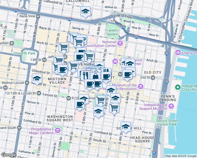 map of restaurants, bars, coffee shops, grocery stores, and more near 707 Chestnut Street in Philadelphia