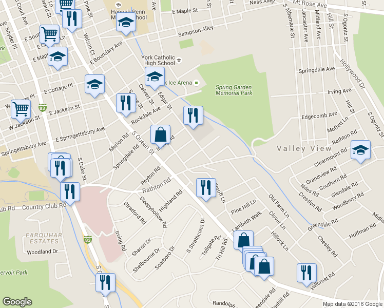 map of restaurants, bars, coffee shops, grocery stores, and more near 327 Creston Road in York