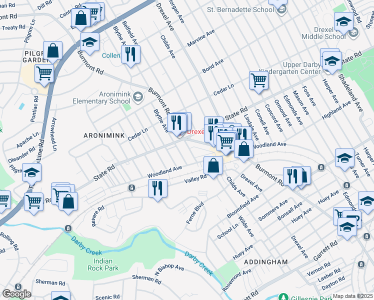 map of restaurants, bars, coffee shops, grocery stores, and more near 728 Belfield Avenue in Drexel Hill