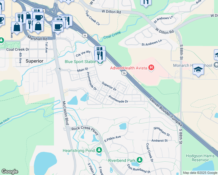 map of restaurants, bars, coffee shops, grocery stores, and more near 2348 Central Park Way in Superior