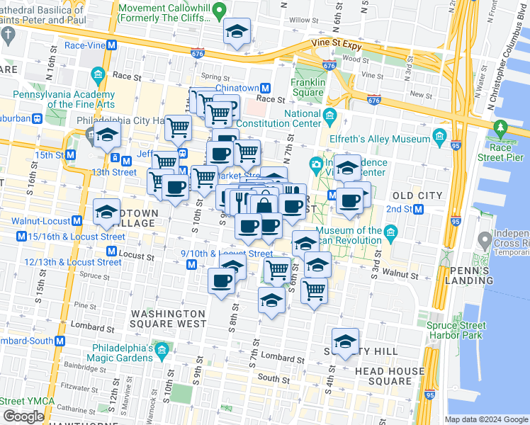 map of restaurants, bars, coffee shops, grocery stores, and more near 719 Chestnut Street in Philadelphia