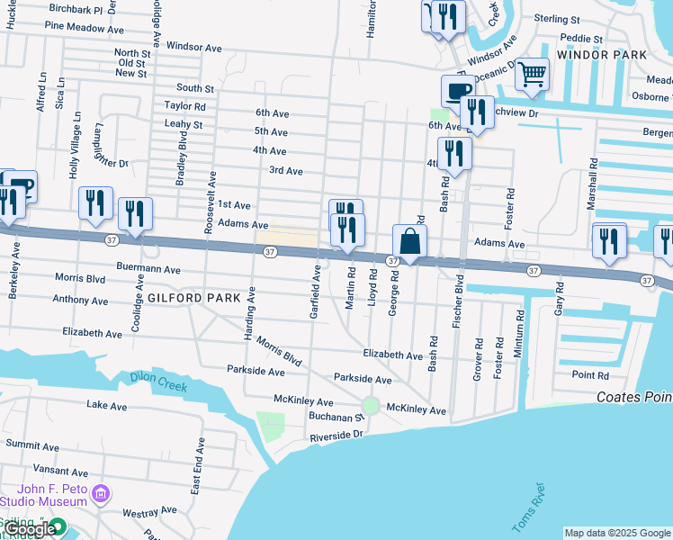 map of restaurants, bars, coffee shops, grocery stores, and more near 1 Swan Boulevard in Toms River