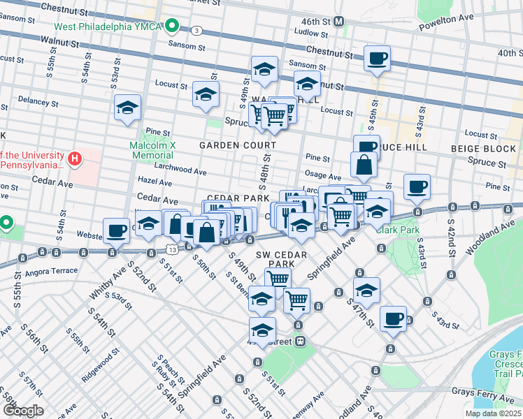 map of restaurants, bars, coffee shops, grocery stores, and more near 4739 Cedar Ave in Philadelphia