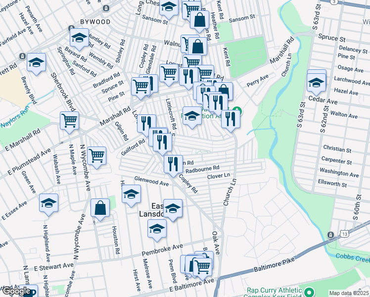 map of restaurants, bars, coffee shops, grocery stores, and more near 213 Wynnewood Avenue in Lansdowne