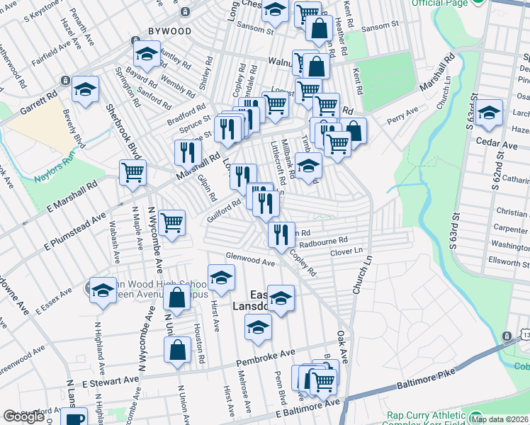 map of restaurants, bars, coffee shops, grocery stores, and more near 647 Long Lane in Delaware County