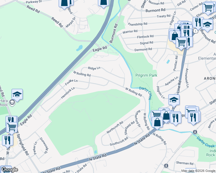 map of restaurants, bars, coffee shops, grocery stores, and more near 459 Foulke Lane in Springfield