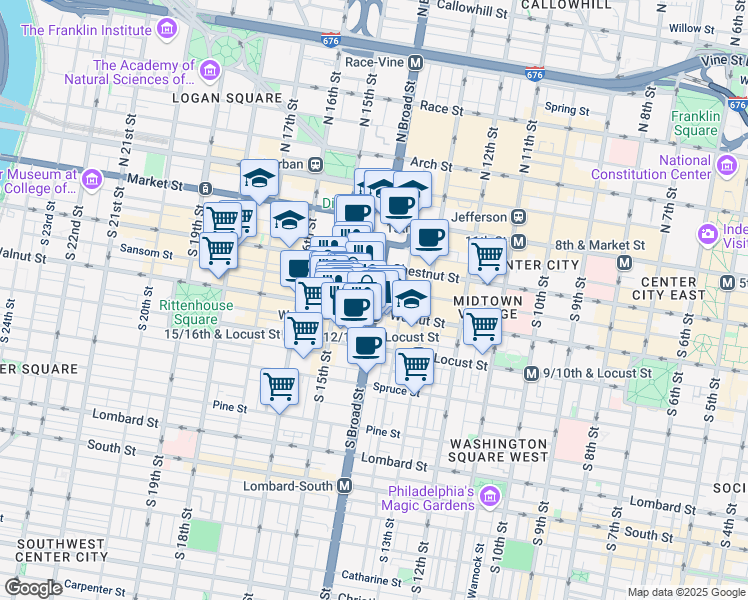 map of restaurants, bars, coffee shops, grocery stores, and more near South Broad Street in Philadelphia
