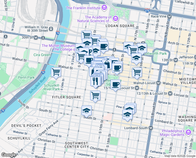 map of restaurants, bars, coffee shops, grocery stores, and more near 228 South 20th Street in Philadelphia