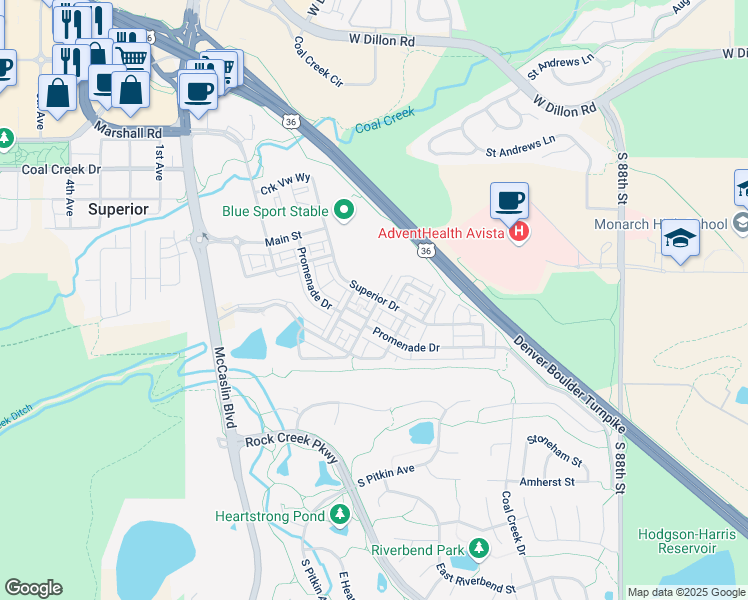 map of restaurants, bars, coffee shops, grocery stores, and more near 2348 Central Park Way in Superior